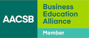 "AACSB" noté sur un fond vers foncé à gauche + "business Education Alliance" noté à droite sur un fond vers pomme et "Member" noté en-dessous sur un fond vert turquoise flashy