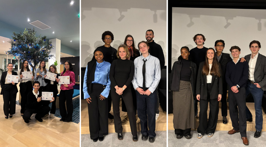 3 photos de trois équipes. 1ère photo 5 filles debout et un garçon accroupi qui pause devant le photographe, dont une des filles tient le prix et ont tous un certificat en main. 2e photo : 4 filles et 2 garçons posent debout 3 devant et 3 derrière. 3e photo : 2 filles et quatre garçon en groupe et côté à côté debout. Tous sourient devant le photographe  
