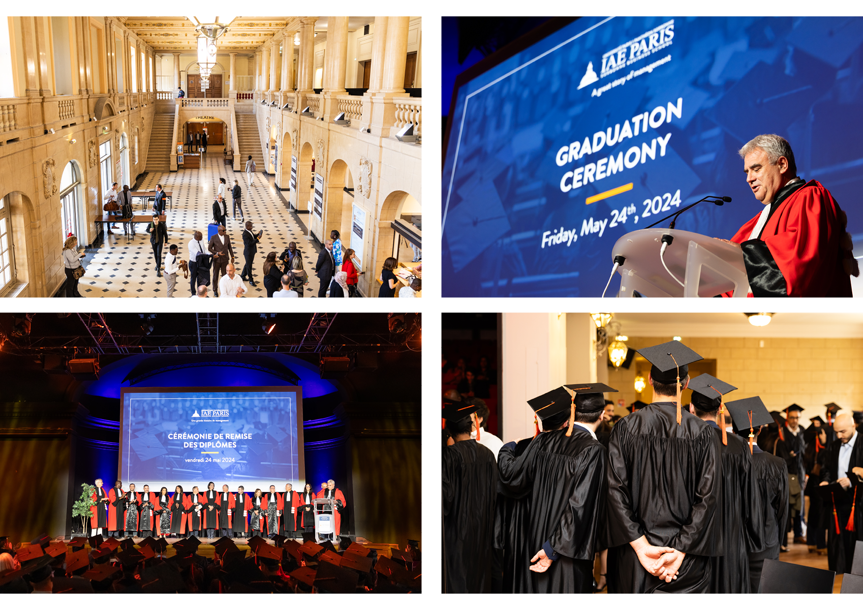 Photos of the ceremonies, beige hall of the international house, Speech by Eric Lamarque in red toga, teachers-researchers in red toga on stage, graduates from behind with their gowns and black hats