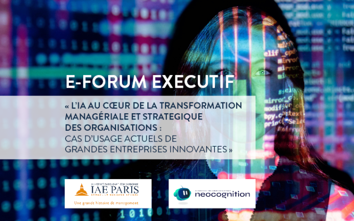 Le visage d'une femme en fond avec des centaines de lignes colorées (violet, bleu, rose, vert) avec le titre de l'événement et son thème + les deux logos des organisateurs (IAE Paris-Sorbonne x Neocognition) en bas de page