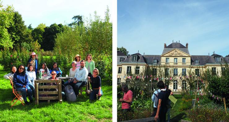 A gauche une photo du groupe dehors assis sur des chaises et à droite une photo du chateau du Campus de la Transition