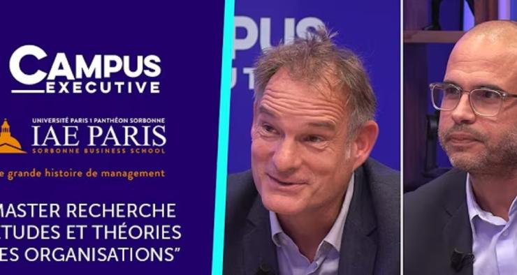 A gauche est noté l'intitulé du programme en blanc sur un fond violet avec le logo de Campus Channel et de l'IAE Paris-Sorbonne et à droite une photo de Florent Noel et Ydriss Ziane
