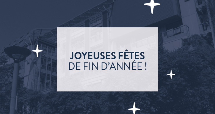 "joyeuses fêtes de fin d'année !" dans un encadré blanc et notre bâtiment sur un fond bleu avec 3 étoiles blanches 