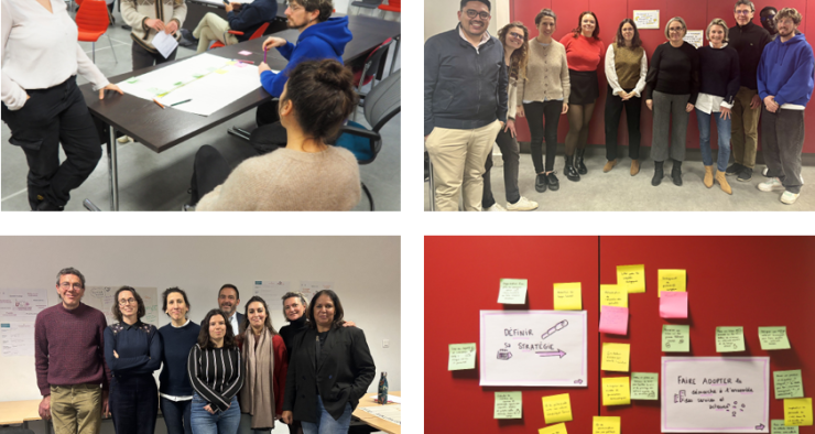 4 photos une avec des personnes autour d'une table, deux où à chaque fois un groupe de personnes s'assoit et enfin une avec des post-it et deux grandes feuilles blanches collées sur un mur rouge où est noté "Définir sa stratégie" "Faire adopter la démarche à l'ensemble des collaborateurs et des services" 