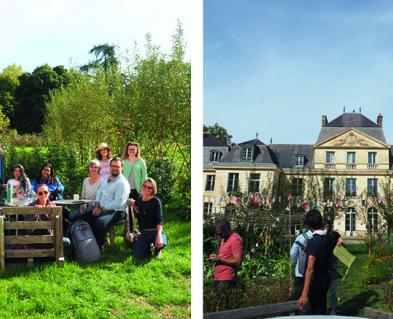 A gauche une photo du groupe dehors assis sur des chaises et à droite une photo du chateau du Campus de la Transition