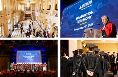 Ceremony photos, beige hall of the Maison Internationale, speech by Eric Lamarque in red gown, teachers-researchers in red gowns on stage, back of graduates in black gowns and hats,
