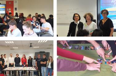 Quatre photos, une avec des étudiants assis en classe, une d'Isabelle Cadet,  Laeticia Balac-Rusher et Caroline Mondon, une des étudiants qui pose debout derrière la table avec leur fresque et enfin des mains qui pointent avec le doigt des cartes de la fresque 