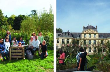 A gauche une photo du groupe dehors assis sur des chaises et à droite une photo du chateau du Campus de la Transition