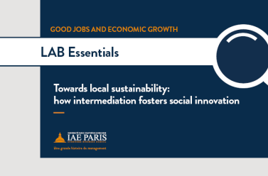 Good jobs and Economic growth - Lab Essential and the theme  Towards local sustainability: how intermediation fosters social innovation - on a blue background with a magnifying glass 