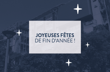 "joyeuses fêtes de fin d'année !" dans un encadré blanc et notre bâtiment sur un fond bleu avec 3 étoiles blanches 