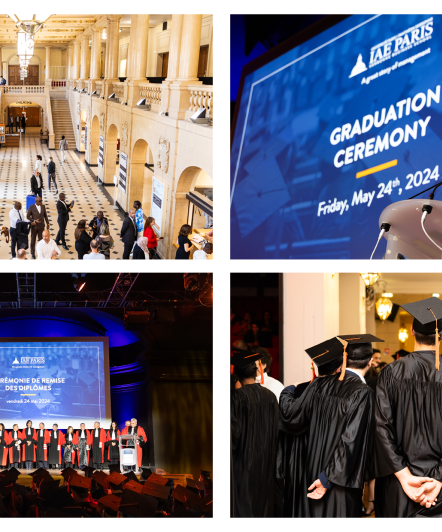 Photos des cérémonies, hall beige de la maison internationale, Discours d'Eric Lamarque en toge rouge, enseignants-chercheurs en toge rouge sur la scène, diplômés de dos avec leur toge et chapeau noir, 