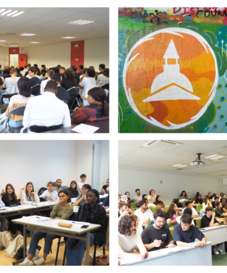 Photos de rentrées dans les salles de classes, amphithéâtre et la fresque avec le dôme de la Sorbonne et l'année 2024-2025