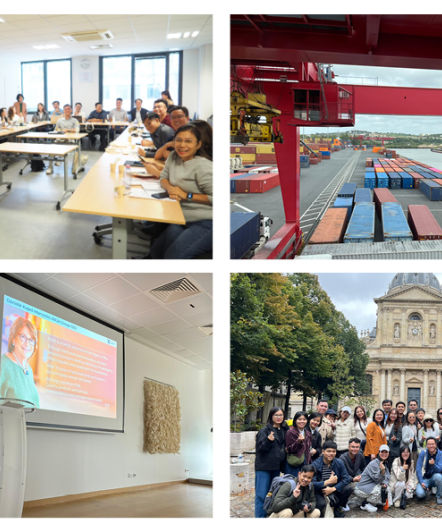 4 photos: les étudiants dans une salle de classe, une photo de contener, une femme présentant un diaporama de l'entreprise Raja, les étudiants devant le dôme de la Sorbonne