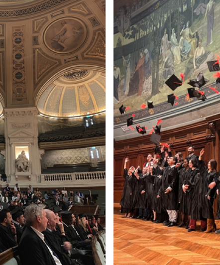 Photo du Grand Amphithéâtre et des étudiants qui lancent leur chapeau sur la scène