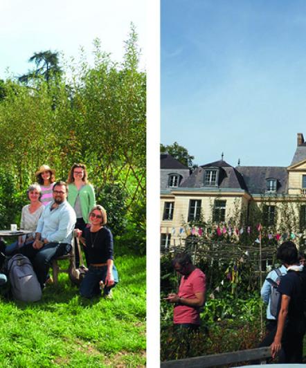 A gauche une photo du groupe dehors assis sur des chaises et à droite une photo du chateau du Campus de la Transition