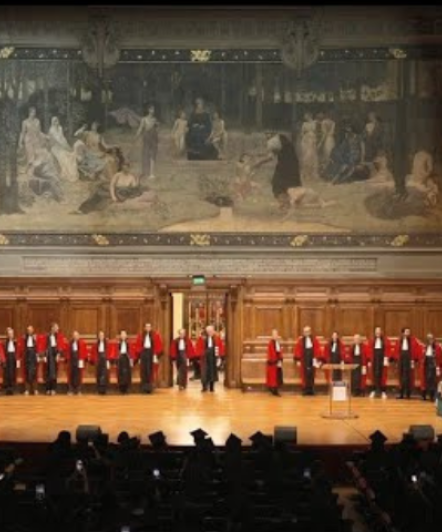 Photos de loin d'une dizaine de professeurs alignées face à la scène et au public en toge rouge avec la fresque du Grand Amhithéâtre de la Sorbonne derrière eux