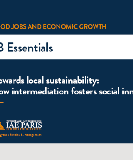 Good jobs and Economic growth - Lab Essential and the theme  Towards local sustainability: how intermediation fosters social innovation - on a blue background with a magnifying glass 