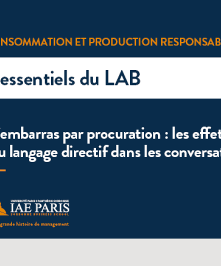 Consommation et production responsable est écrit en orange sur un fond bleu, les essentiels du LAB est noté sur une bande blanche avec une loupe à droite et enfin l'intitulé "L'embarras par procuration : les effets du langage directif dans les conversations de marque" est noté en bas sur un fond bleu.