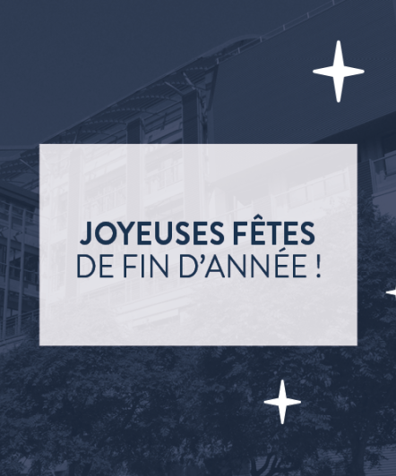 "joyeuses fêtes de fin d'année !" dans un encadré blanc et notre bâtiment sur un fond bleu avec 3 étoiles blanches 
