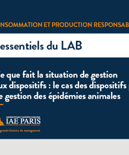 Fond bleu avec l'axe consommation et production responsable écrit en orange. L'intitulé écrit en blanc et une loupe avec un bandeau blanc avec noté Les essentiels du LAB