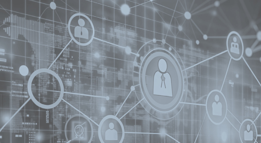 On voit apparaître une carte du monde avec des connexions entre des pictogrammes sur un fond grisé