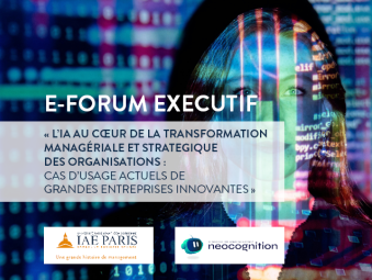 Le visage d'une femme en fond avec des centaines de lignes colorées (violet, bleu, rose, vert) avec le titre de l'événement et son thème + les deux logos des organisateurs (IAE Paris-Sorbonne x Neocognition) en bas de page  