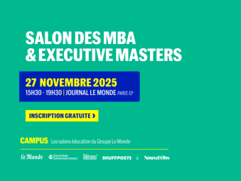Toutes les infos "Salons des MBA & Executive Masters, inscription gratuite, la date et le lieu sont notées sur un fon vert fluo