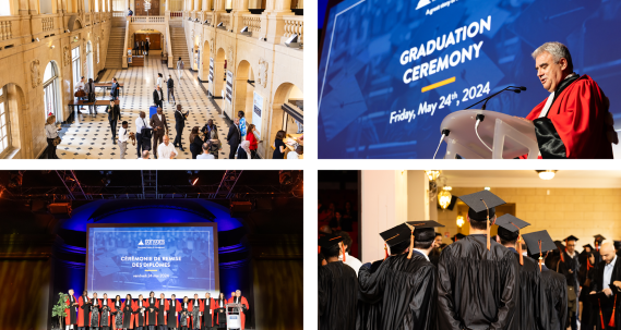 Photos des cérémonies, hall beige de la maison internationale, Discours d'Eric Lamarque en toge rouge, enseignants-chercheurs en toge rouge sur la scène, diplômés de dos avec leur toge et chapeau noir, 