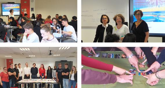 Quatre photos, une avec des étudiants assis en classe, une d'Isabelle Cadet,  Laeticia Balac-Rusher et Caroline Mondon, une des étudiants qui pose debout derrière la table avec leur fresque et enfin des mains qui pointent avec le doigt des cartes de la fresque 