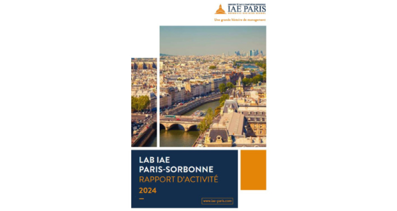 A photo of a bridge in Paris with "LAB IAE Paris-Sorbonne Rapport d'activité 2024" written underneath on a blue background.