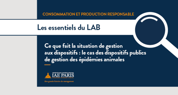 Fond bleu avec l'axe consommation et production responsable écrit en orange. L'intitulé écrit en blanc et une loupe avec un bandeau blanc avec noté Les essentiels du LAB